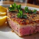 Seared tuna steak with lemon pepper