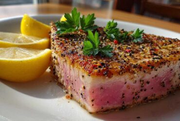 Seared tuna steak with lemon pepper