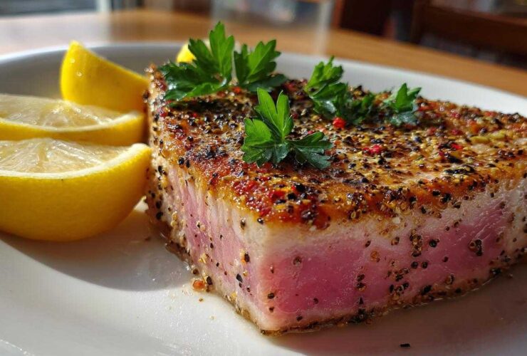 Seared tuna steak with lemon pepper