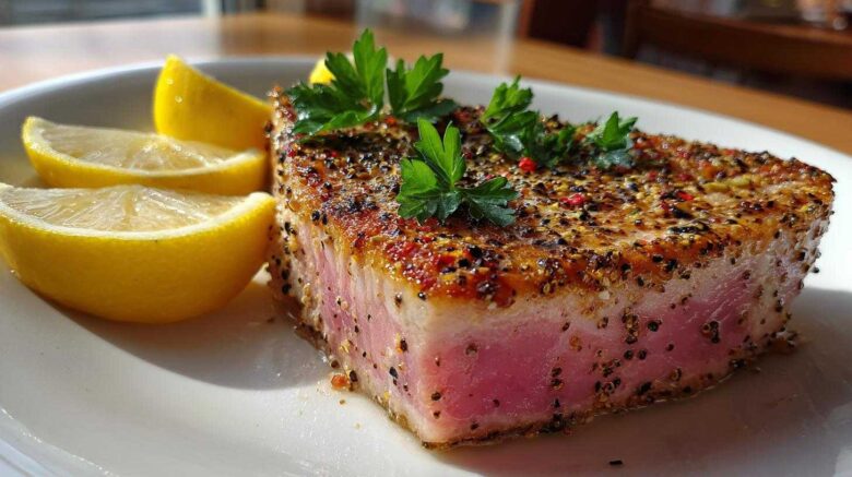 Seared tuna steak with lemon pepper