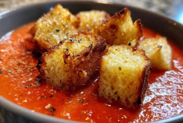 Creamy Tomato Basil Soup with Grilled Cheese Croutons (Cozy Upgrade)