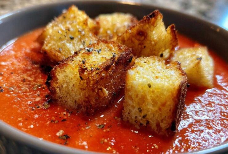 Creamy Tomato Basil Soup with Grilled Cheese Croutons (Cozy Upgrade)
