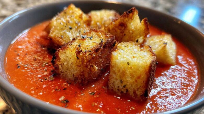 Creamy Tomato Basil Soup with Grilled Cheese Croutons (Cozy Upgrade)