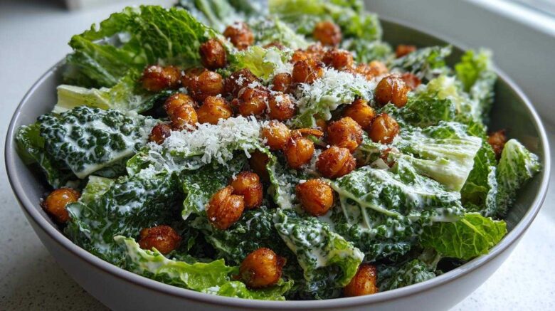 Kale Caesar Salad with Crispy Chickpeas (Healthy Crunchy Twist)