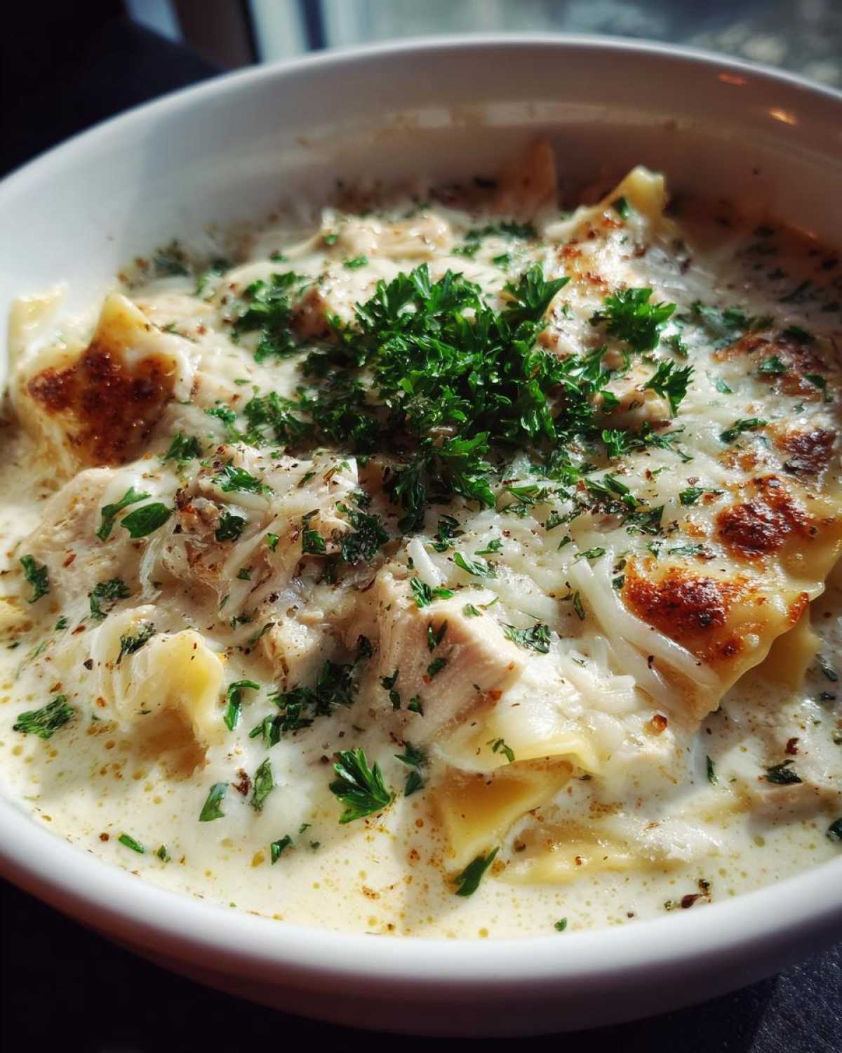 creamy white chicken lasagna soup - detail 2