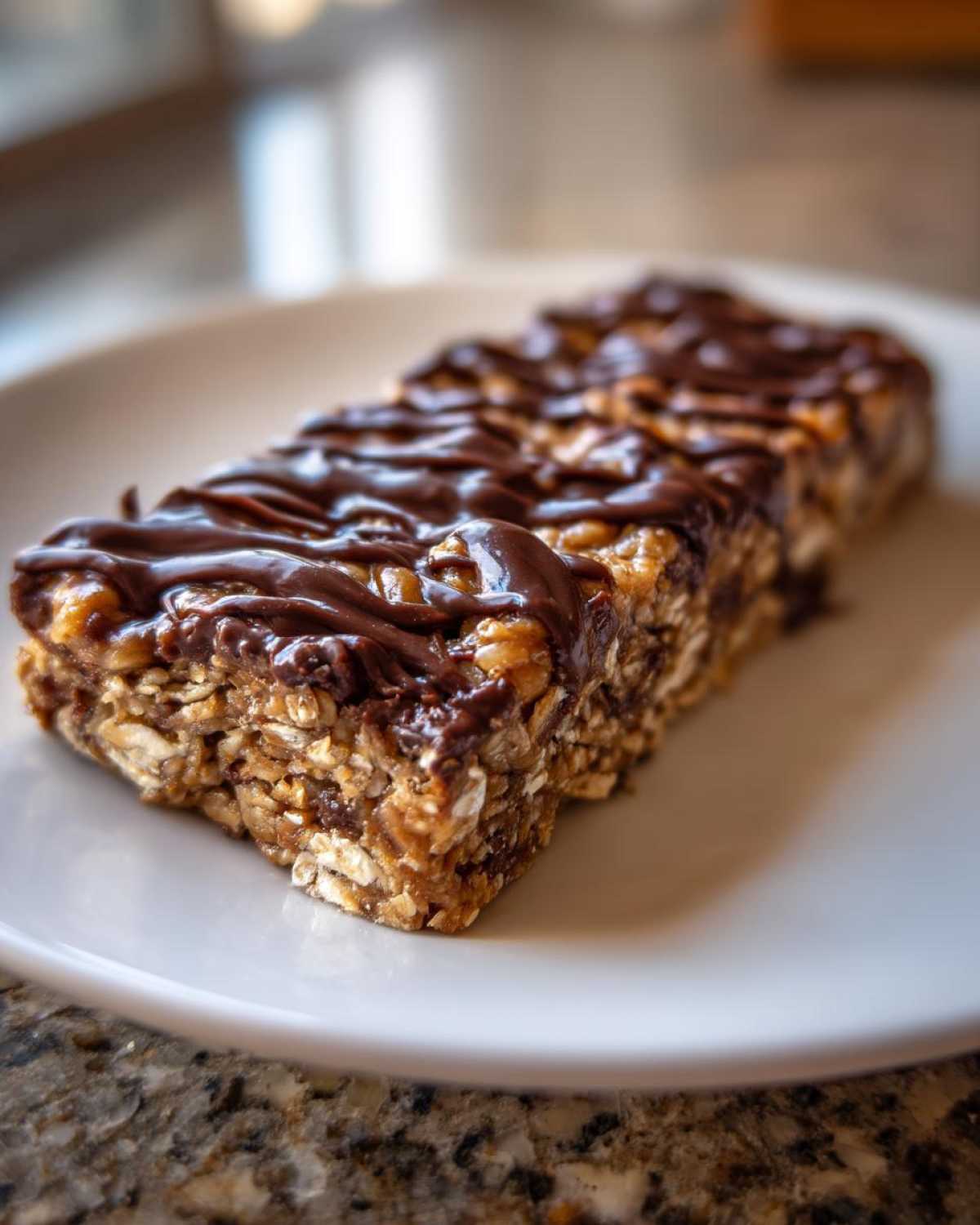 Three homemade protein bars made with oats and drizzled generously with melted dark chocolate, resting on a white plate.