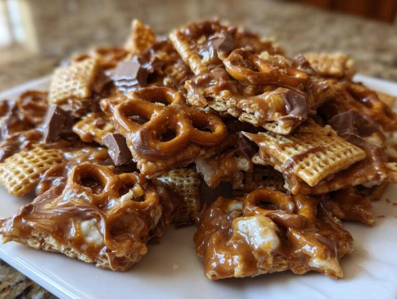 A close-up pile of sweet and salty toffee chex mix recipe pieces coated in caramel, featuring pretzels and chocolate chunks.