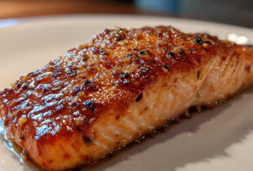 Close-up of a beautifully glazed and cooked piece of air fryer salmon resting on a white plate.