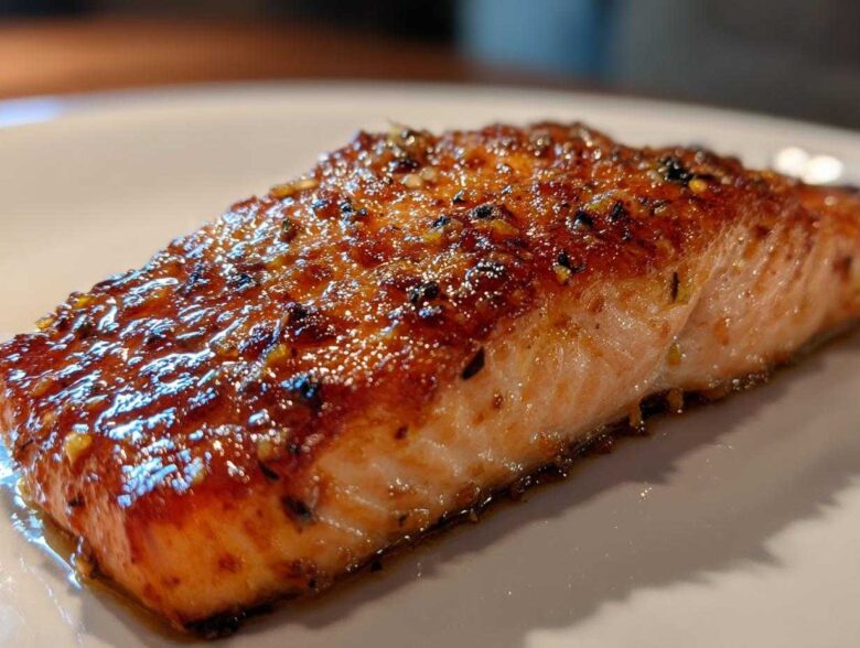 Close-up of a beautifully glazed and cooked piece of air fryer salmon resting on a white plate.