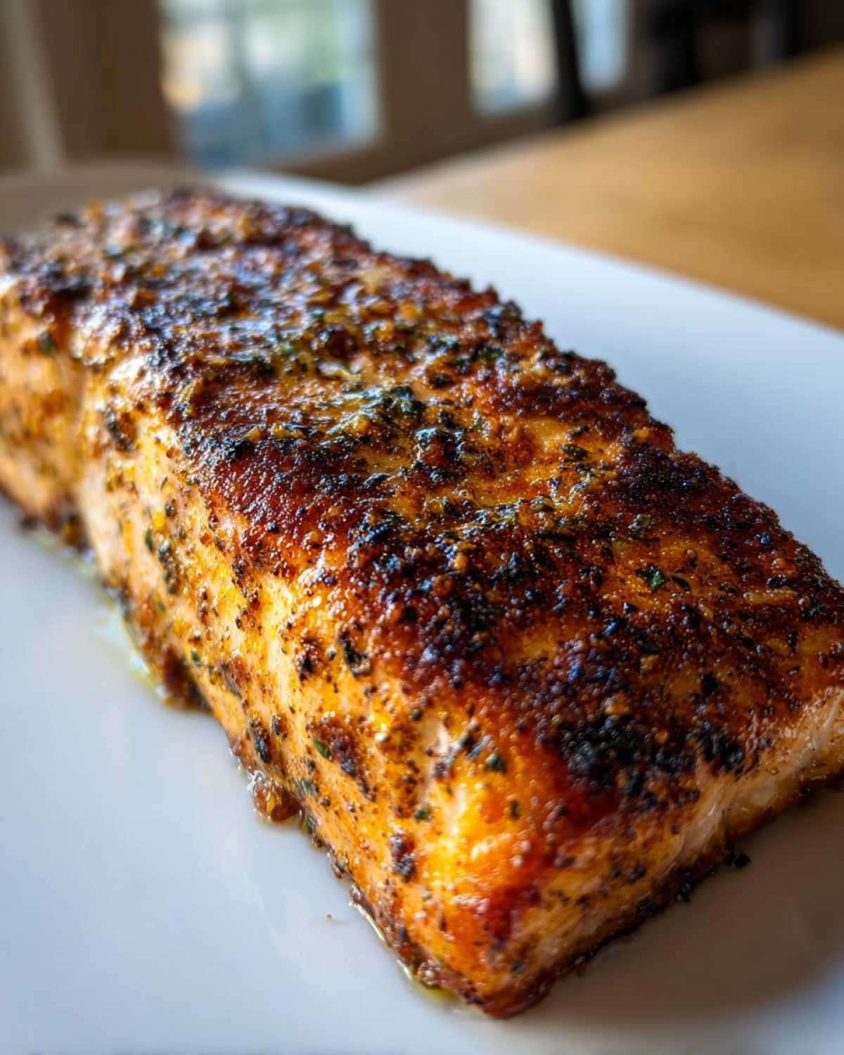 Close-up of a beautifully seasoned and cooked air fryer salmon fillet resting on a white plate.
