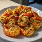 Close-up of perfectly cooked air fryer shrimp seasoned with garlic and parsley, served on a white plate.
