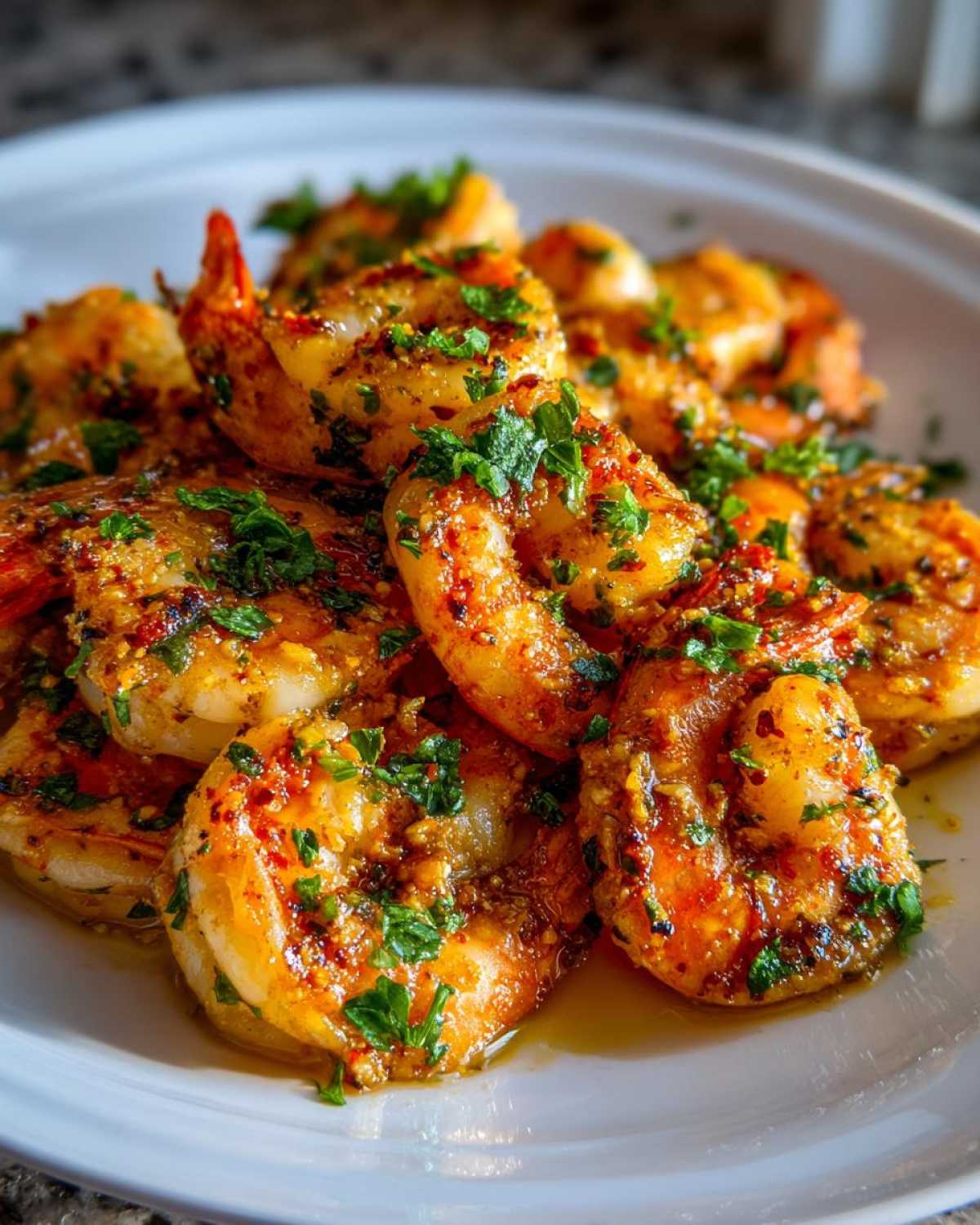 A close-up of seasoned and cooked air fryer shrimp piled on a white plate, garnished with fresh parsley.