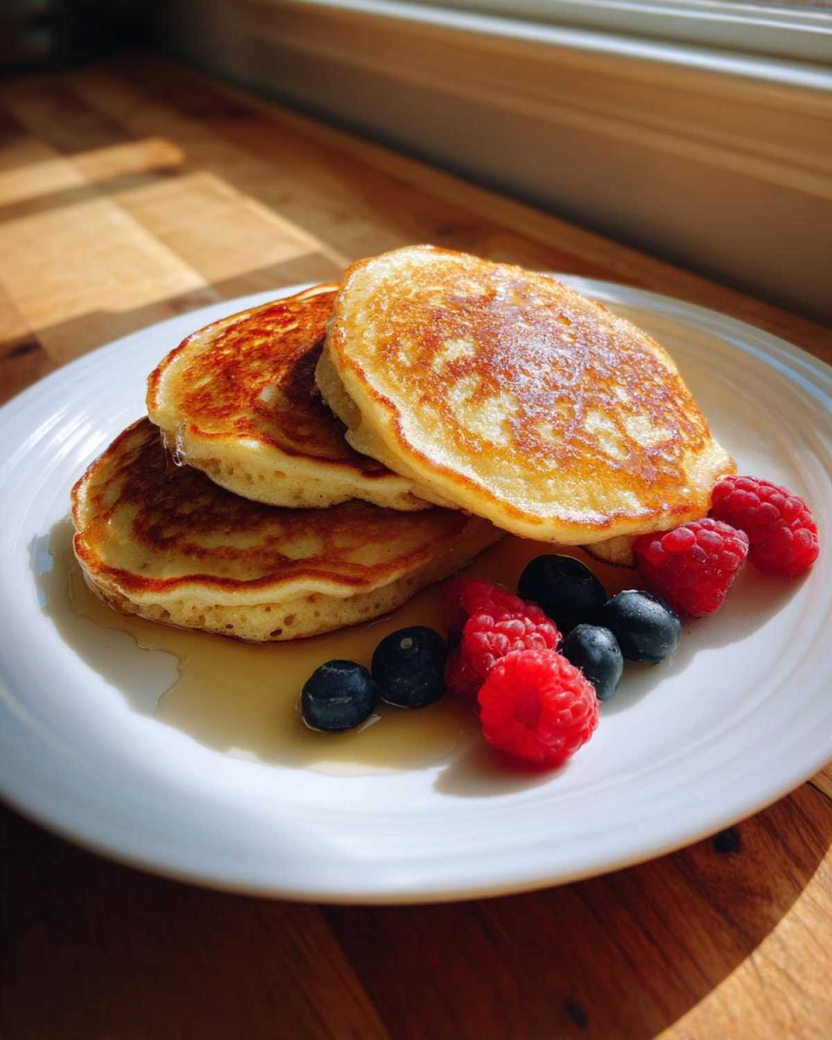A stack of three golden brown almond flour pancakes drizzled with syrup and garnished with fresh raspberries and blueberries.