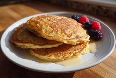 A stack of three golden brown almond flour pancakes drizzled with syrup and topped with fresh raspberries, blueberries, and blackberries.