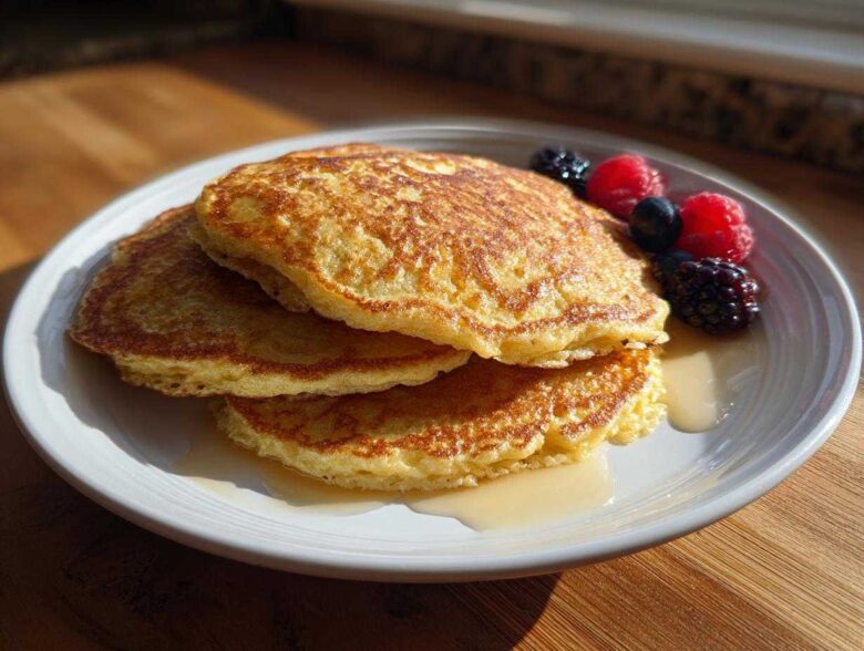 A stack of three golden brown almond flour pancakes drizzled with syrup and topped with fresh raspberries, blueberries, and blackberries.