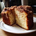 Two thick slices of moist coffee cake with a thick cinnamon streusel topping, served on a white plate.
