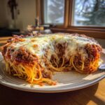 A generous slice of 6-layer spaghetti pie topped with rich meat sauce and gooey melted mozzarella cheese.