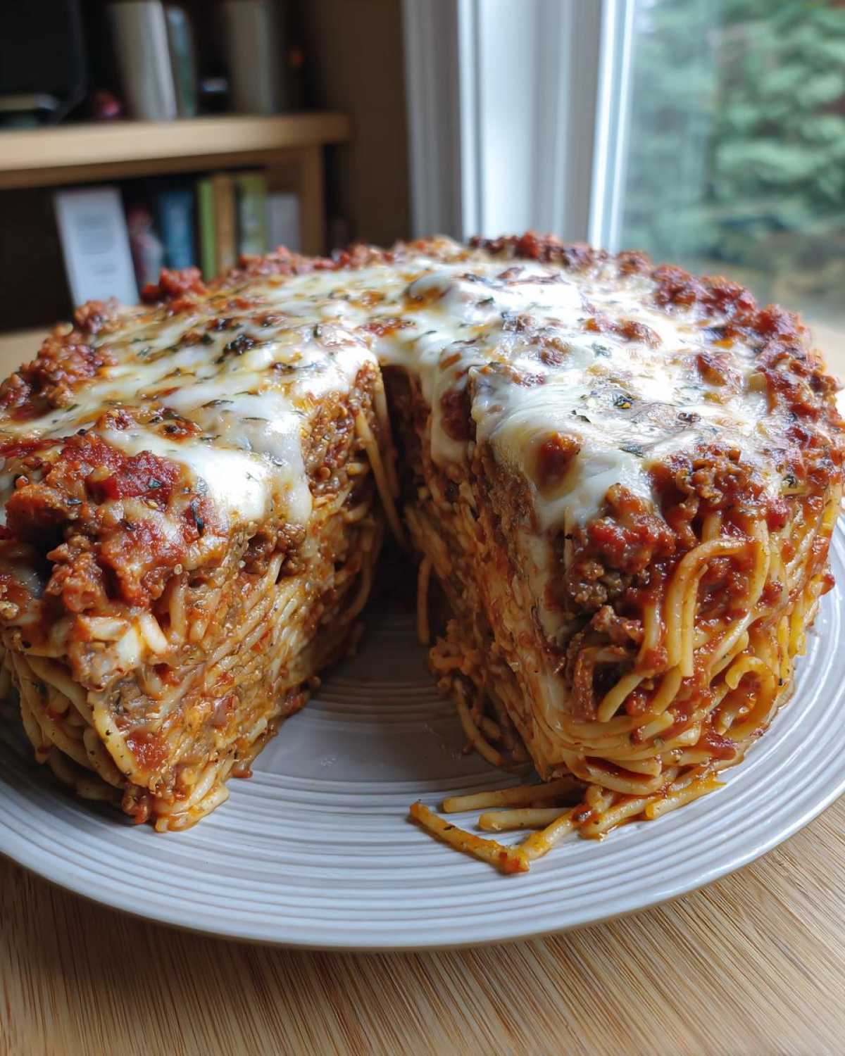 A tall, round, multi-layered spaghetti pie with meat sauce and melted mozzarella cheese on top, sitting on a plate.