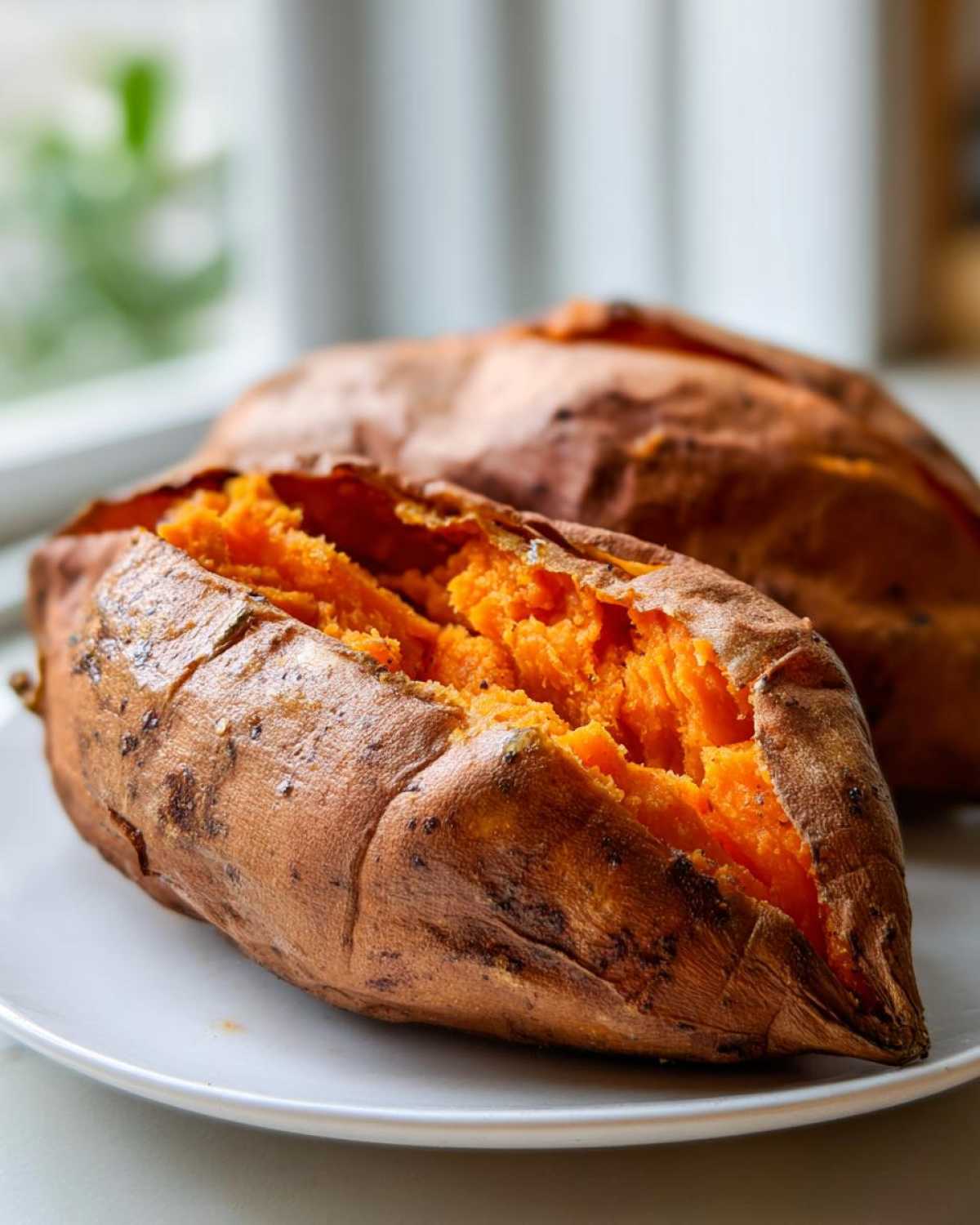 Close-up of a perfectly baked sweet potato split open showing fluffy orange interior.