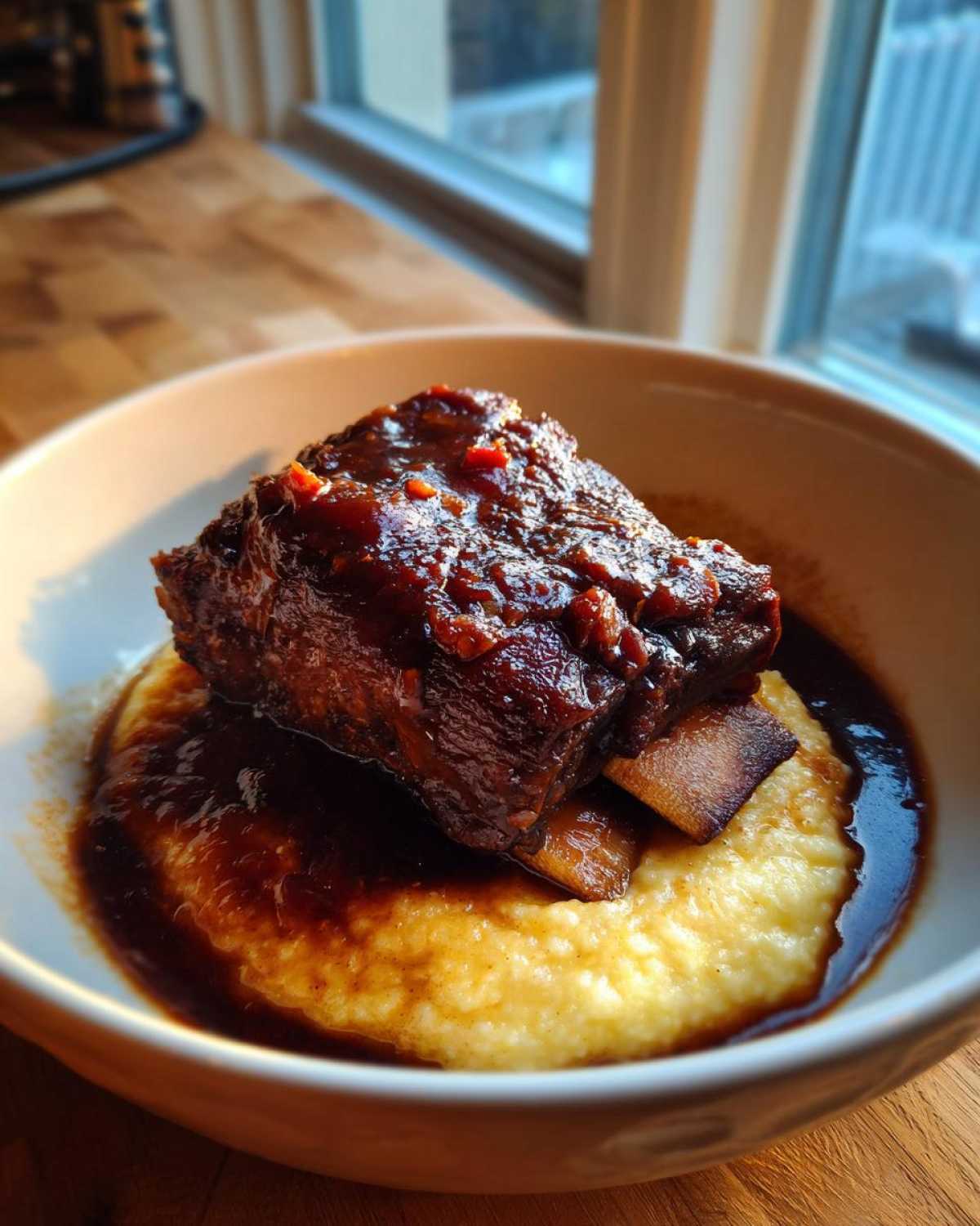 A single, rich braised short ribs covered in dark glaze served over creamy yellow polenta in a white bowl.
