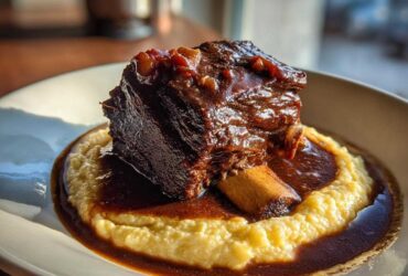 A single, dark, glossy braised short ribs bone-in portion served atop creamy polenta, drenched in rich brown sauce.