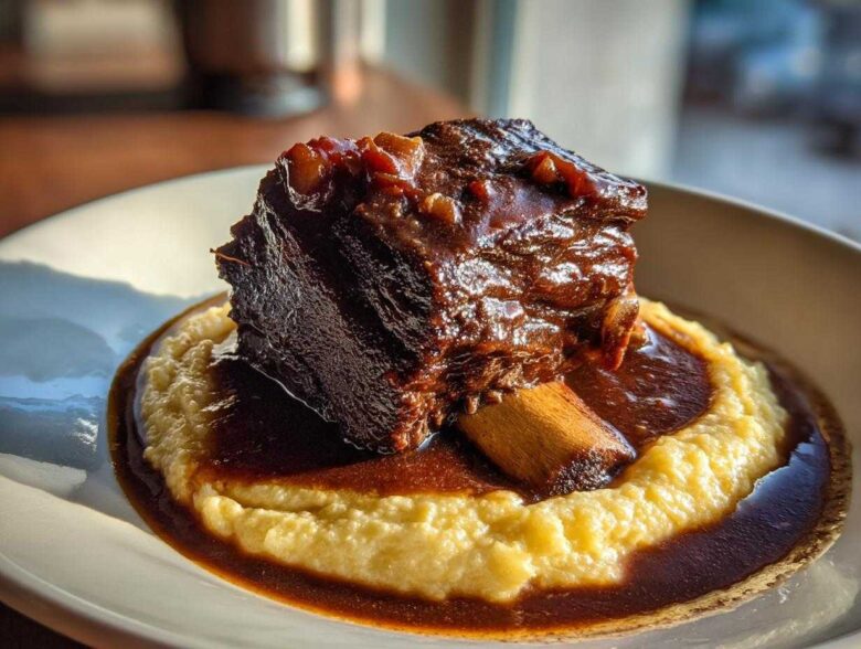 A single, dark, glossy braised short ribs bone-in portion served atop creamy polenta, drenched in rich brown sauce.