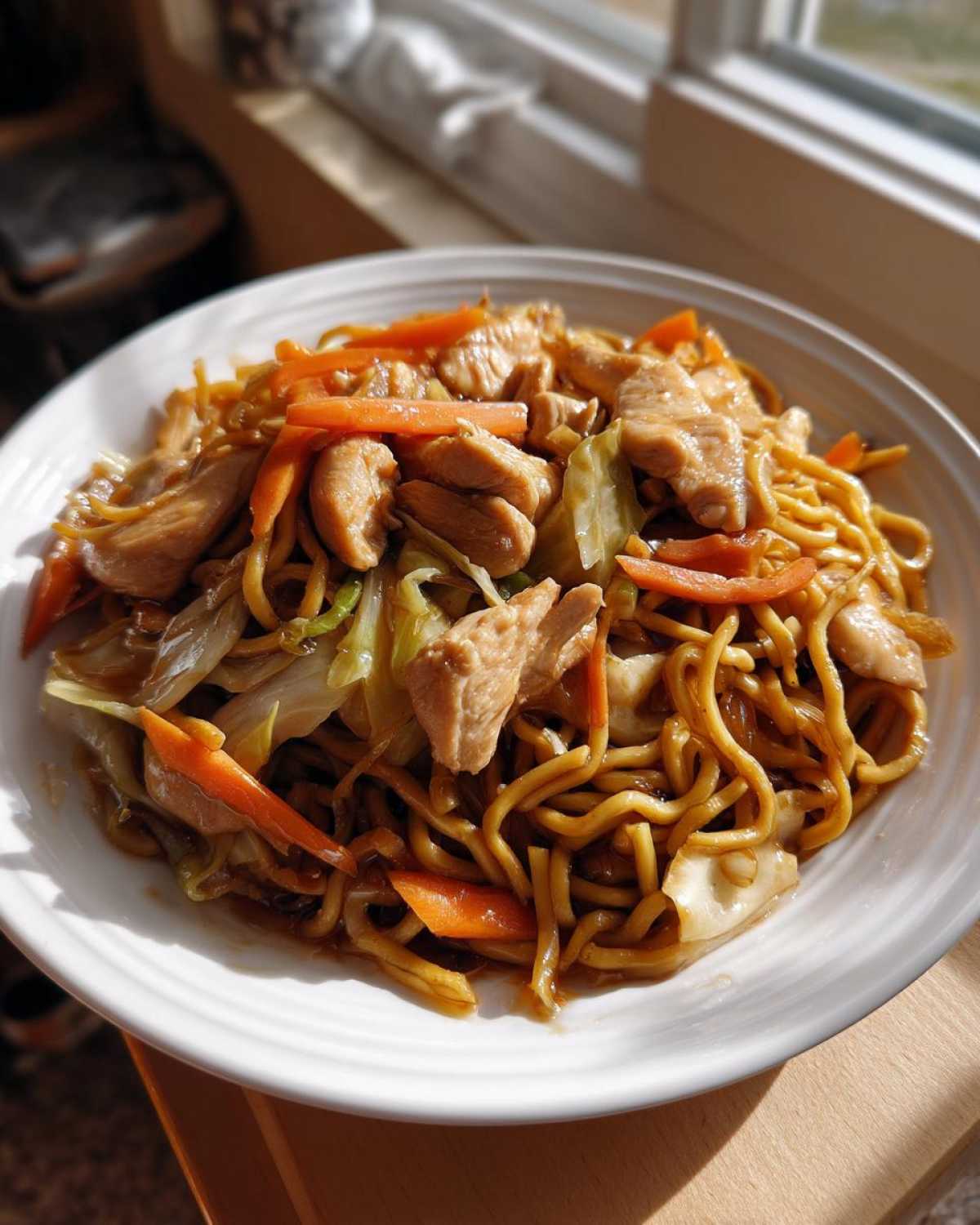 A close-up of a white plate filled with homemade chicken chow mein recipe, featuring noodles, chicken pieces, carrots, and cabbage.
