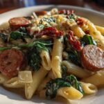 A close-up of creamy penne pasta mixed with sliced chicken sausage, spinach, and sun-dried tomatoes, showcasing the chicken sausage pasta dish.