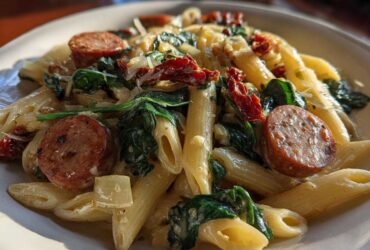 A close-up of creamy penne pasta mixed with sliced chicken sausage, spinach, and sun-dried tomatoes, showcasing the chicken sausage pasta dish.