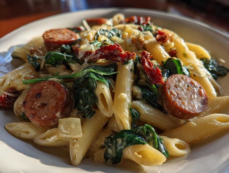 A close-up of creamy penne pasta mixed with sliced chicken sausage, spinach, and sun-dried tomatoes, showcasing the chicken sausage pasta dish.