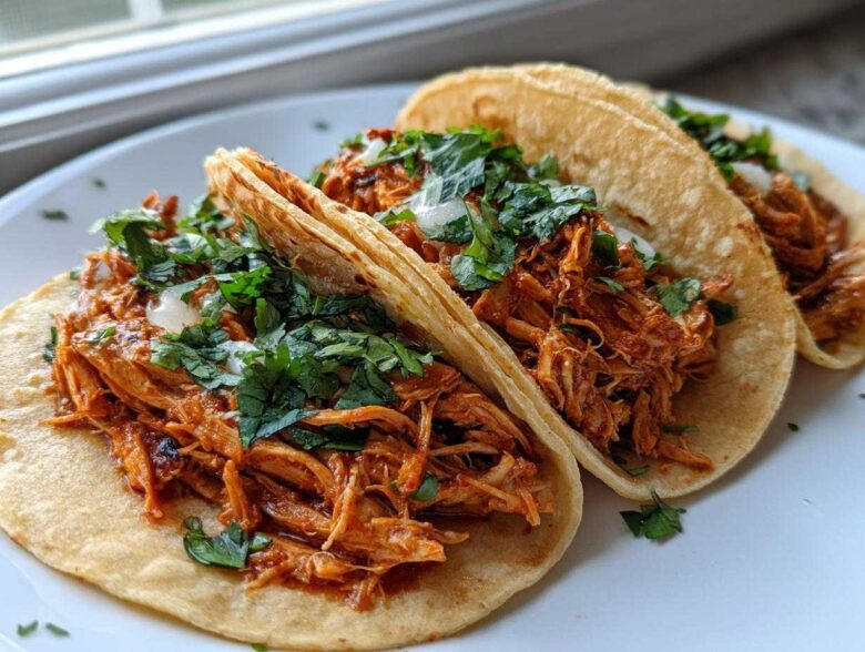Close-up of three soft corn tortilla chicken tacos filled with shredded, saucy chicken, topped with fresh cilantro and onion.
