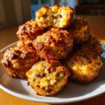 A stack of freshly baked, golden brown cream cheese sausage balls on a white plate, one is broken open.