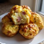 A stack of golden brown, baked egg bites, one cut open revealing ham pieces inside.