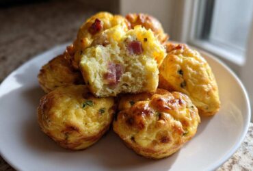 A stack of golden brown, baked egg bites, one cut open revealing ham pieces inside.