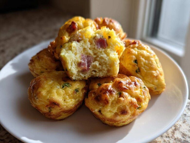 A stack of golden brown, baked egg bites, one cut open revealing ham pieces inside.