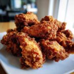 A close-up of a pile of golden brown, crispy fried chicken wings served on a white plate.