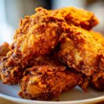 A close-up, mouth-watering shot of a pile of golden brown, crispy fried chicken wings stacked on a white plate.