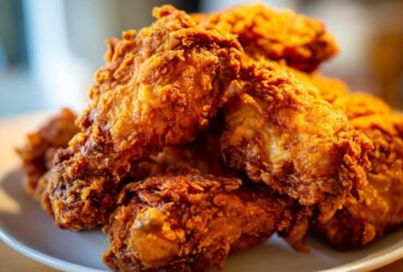 A close-up, mouth-watering shot of a pile of golden brown, crispy fried chicken wings stacked on a white plate.
