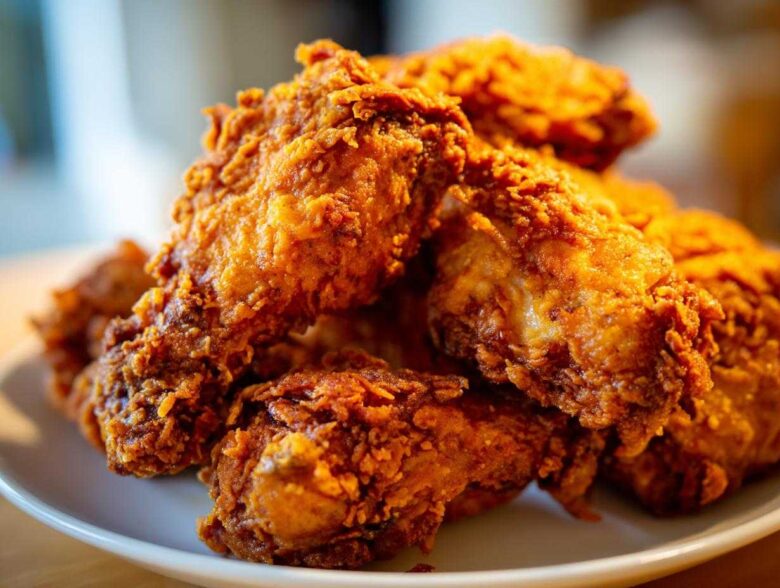 A close-up, mouth-watering shot of a pile of golden brown, crispy fried chicken wings stacked on a white plate.