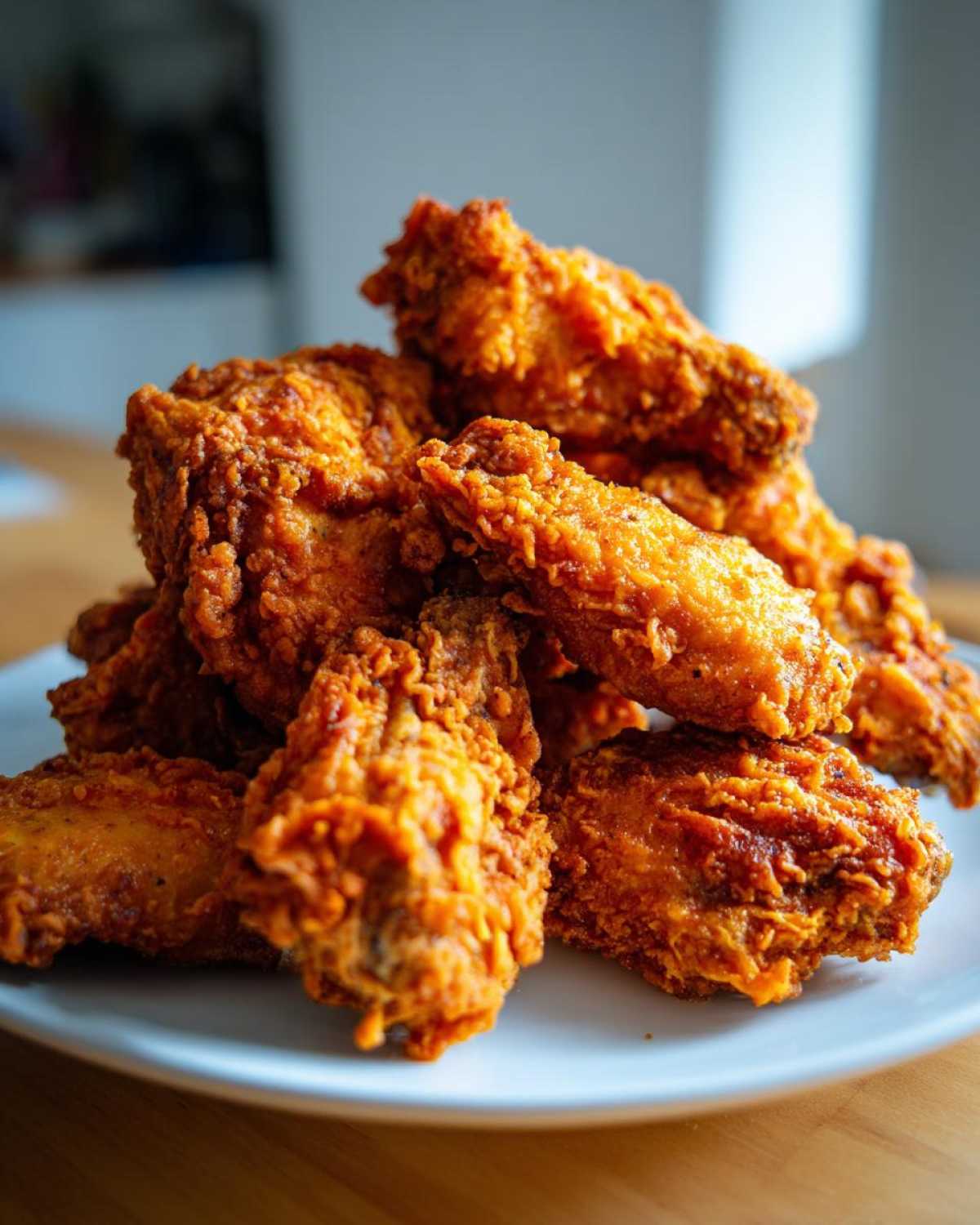 A close-up of a pile of golden brown, crispy fried chicken wings served on a white plate.