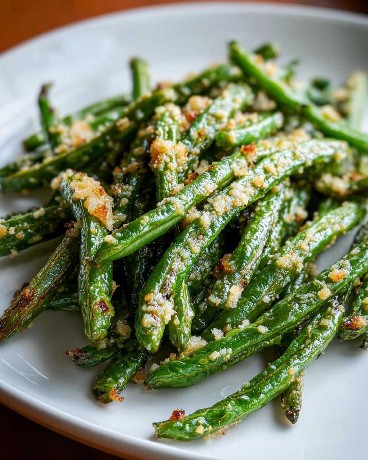 Close-up of bright green beans tossed with a savory, crispy breadcrumb topping.