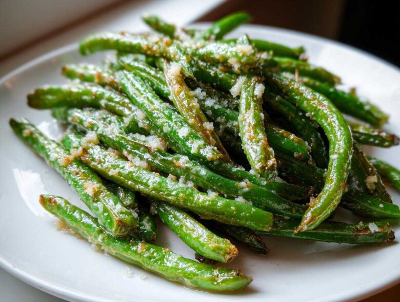 Close-up of bright green beans tossed with garlic and grated cheese, ready to serve.
