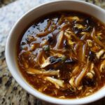 Close-up of a bowl filled with rich, dark brown hot and sour soup recipe featuring shredded egg and mushrooms.