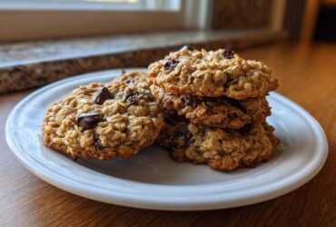 A stack of freshly baked oatmeal cookie with visible chocolate chips resting on a white plate.