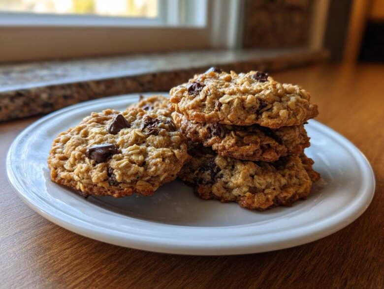 A stack of freshly baked oatmeal cookie with visible chocolate chips resting on a white plate.