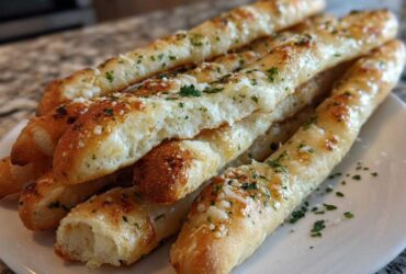 A close-up of several soft, golden breadsticks topped with melted butter, Parmesan cheese, and fresh parsley.