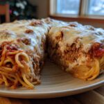 A thick slice of baked spaghetti pie showing layers of pasta, meat sauce, and a thick layer of melted mozzarella cheese on top.