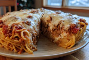 A thick slice of baked spaghetti pie showing layers of pasta, meat sauce, and a thick layer of melted mozzarella cheese on top.