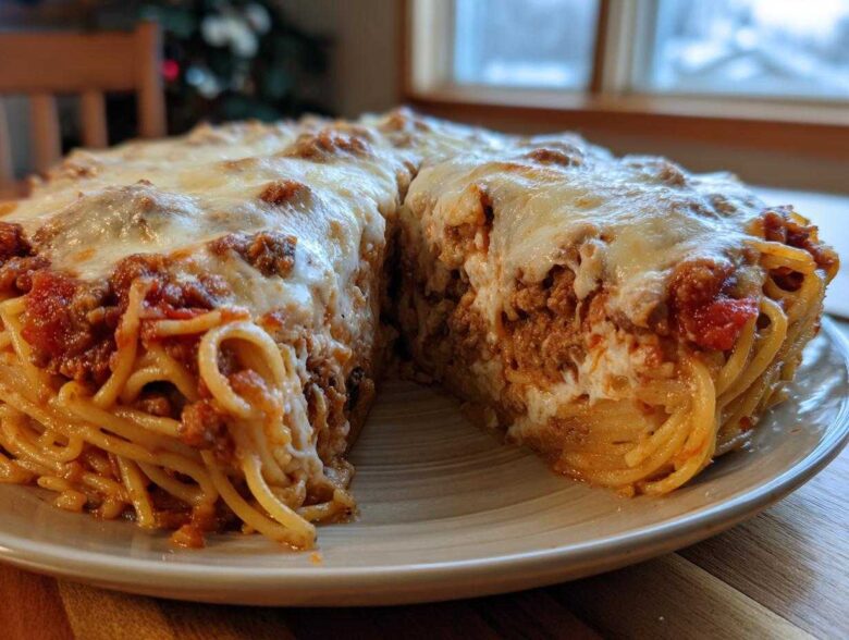 A thick slice of baked spaghetti pie showing layers of pasta, meat sauce, and a thick layer of melted mozzarella cheese on top.