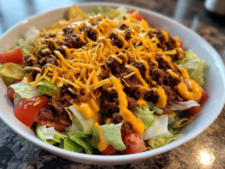 A close-up view of an amazing taco salad featuring seasoned ground beef, shredded cheese, tomatoes, and dressing over lettuce in a white bowl.